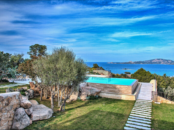 Giardino con piscina vista mare, cielo azzurro e alberi. Scena rilassante e panoramica.